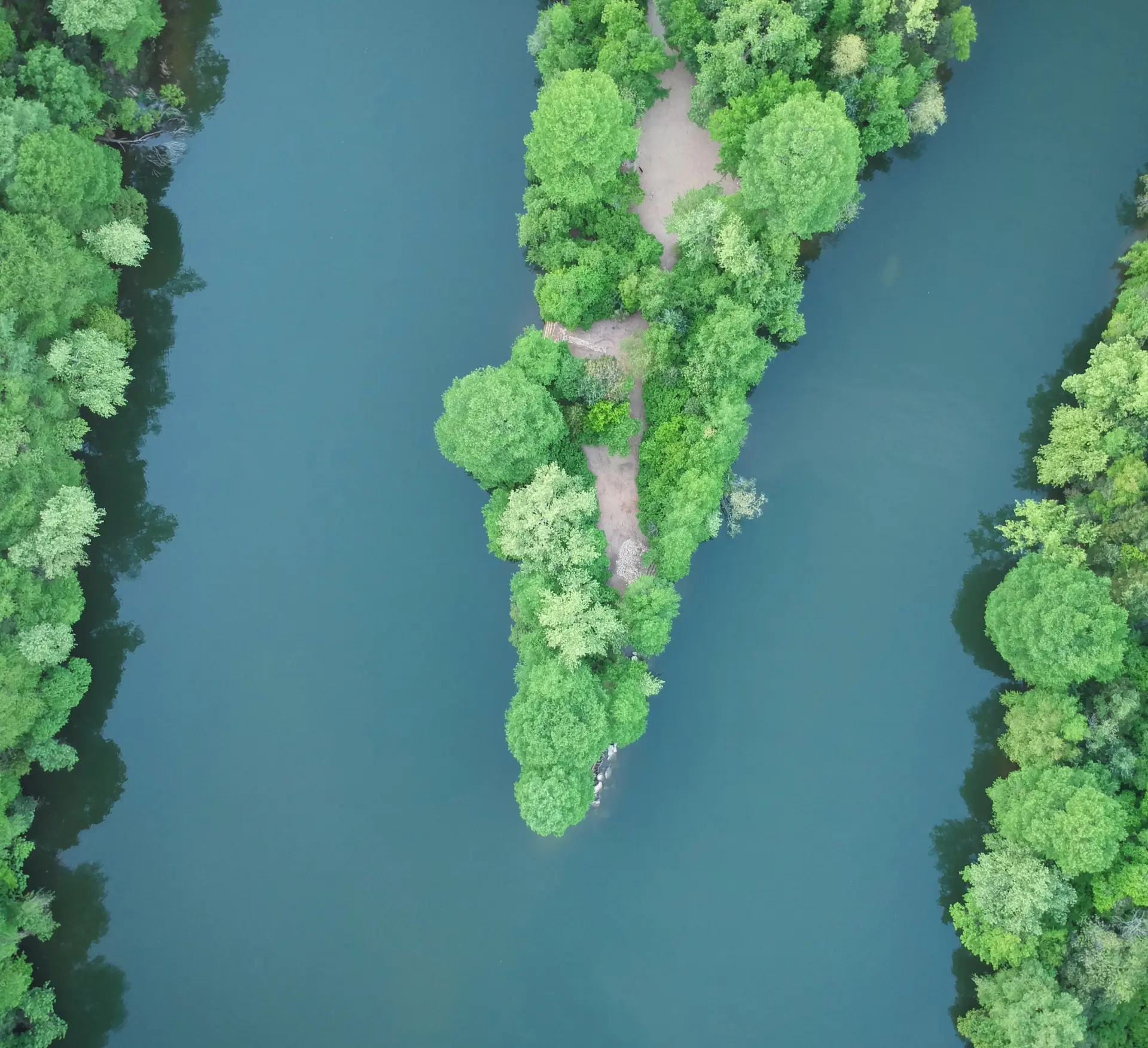 Aerial view of Redbud Isle on Lady Bird Lake in Austin, Texas